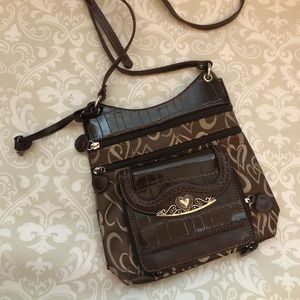 Brighton LIKE NEW leather/fabric brown heart purse